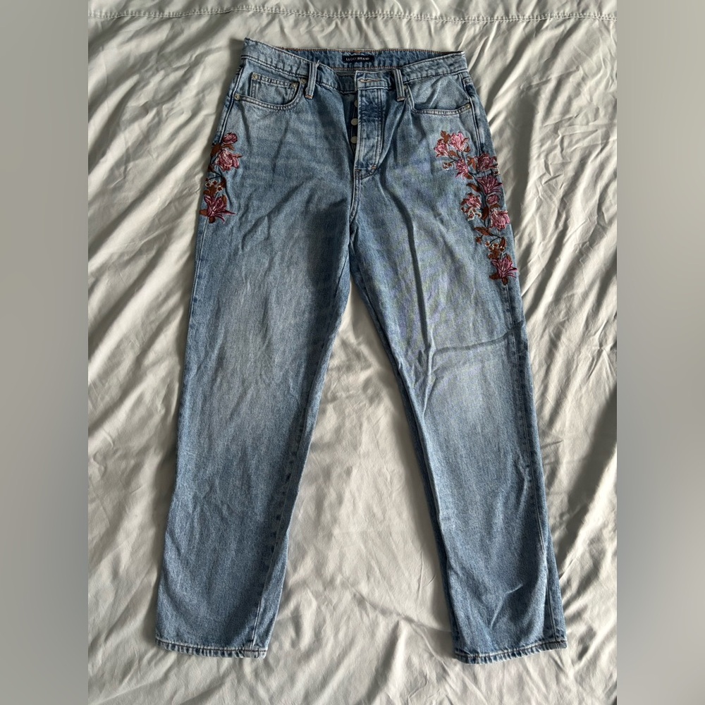 Lucky Brand Blue Straight Leg Jeans with Red Floral Design